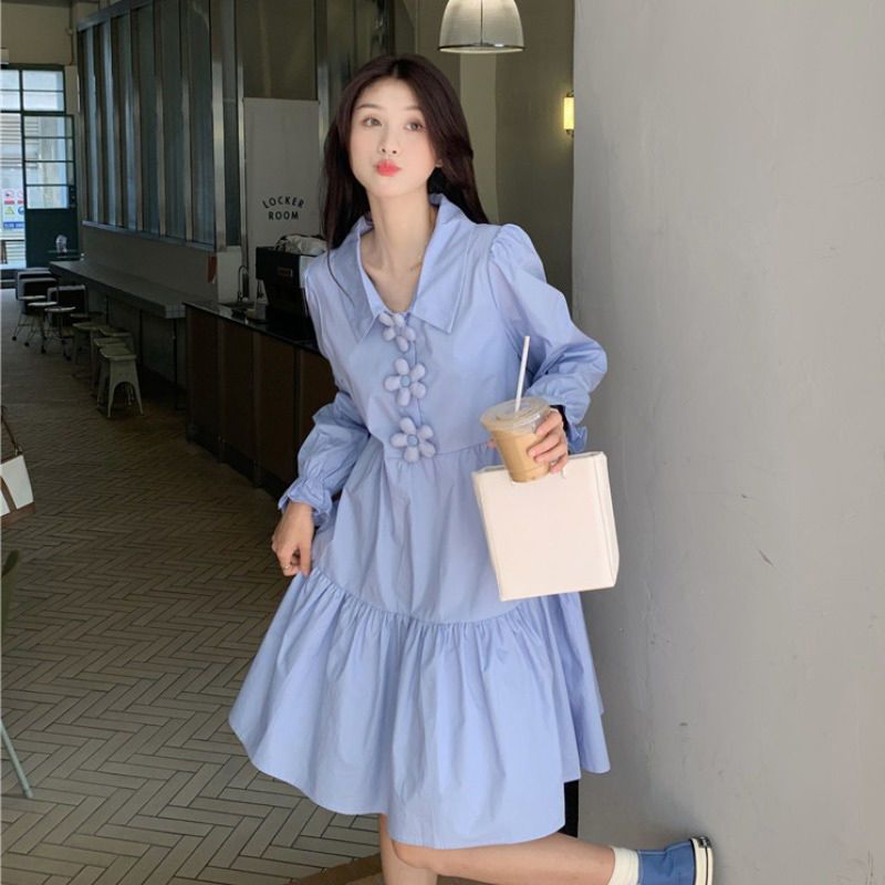 Blue long-sleeved shirt dress women's spring and autumn 2022 new style French first love petite chic milky sweet skirt