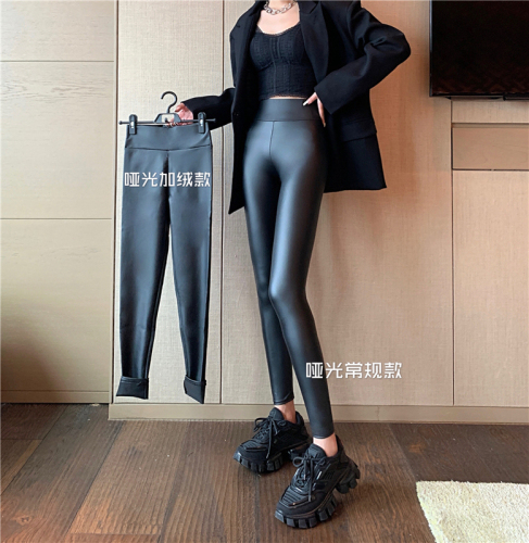 pu leather pants high waist leggings sexy glossy matte plus velvet slimming leggings trousers