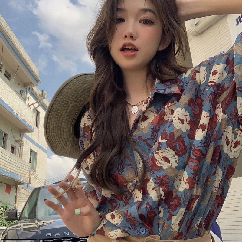2022 Summer New Style Loose Slim Casual Retro Design Temperament Hong Kong Style Short Sleeve Shirt Floral Top for Women