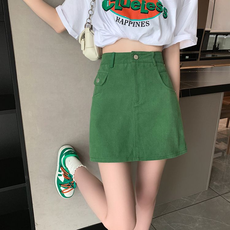 New summer green skirt for hot girls with high waist and small body, slim pear-shaped hip-hugging A-line skirt denim mini skirt