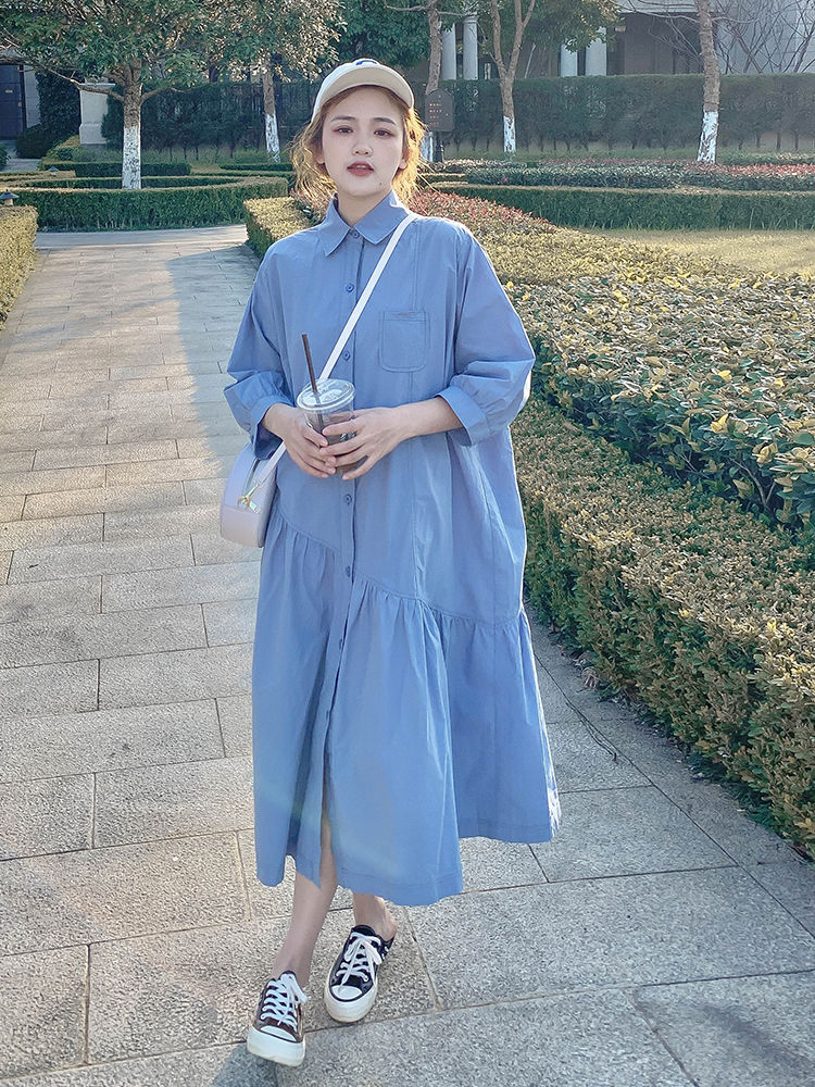Fat MM2-300 pounds petite dress new style women's single-breasted shirt collar fishtail knee-length skirt women's summer