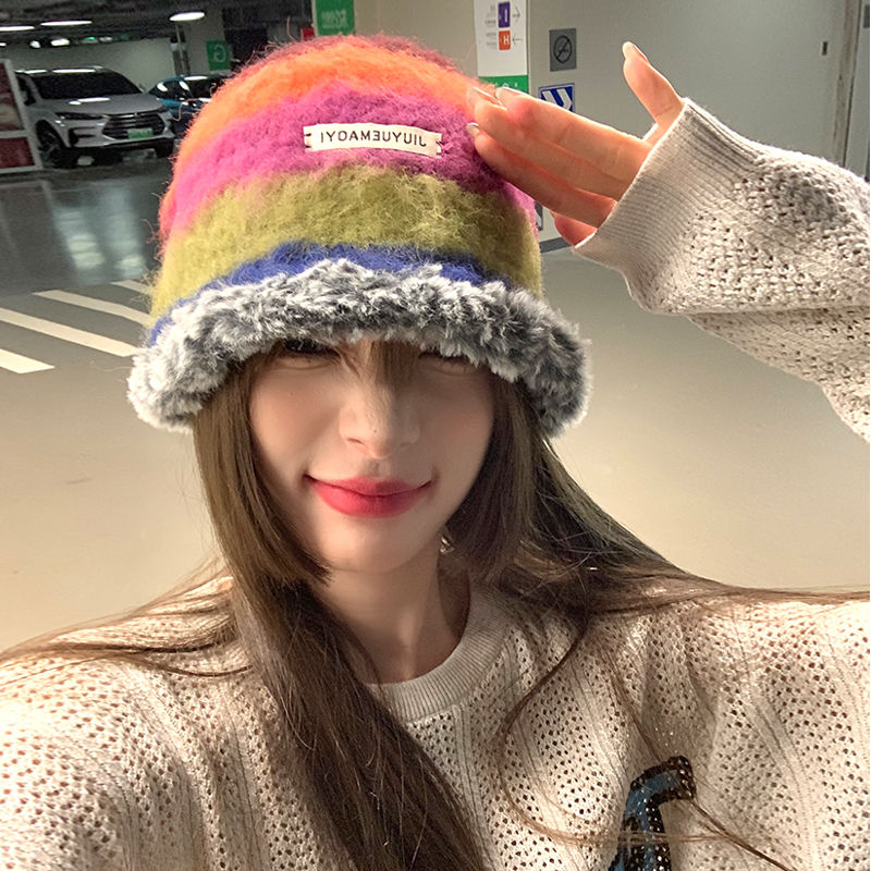 Autumn and winter new hat women's retro niche design knitted furry fisherman hat colorful warm ear protection plush hat
