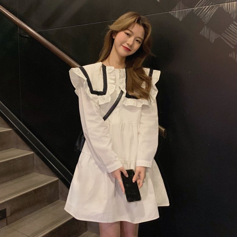 Early autumn little black dress, sweet and spicy navy style long-sleeved dress, plus size fat girl, loose and flesh-covering French princess shirt dress