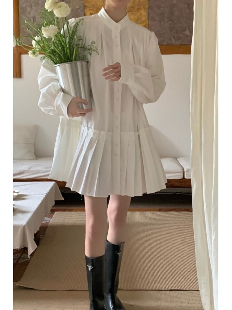 Desire Sweetheart ~ Irregular design retro long-sleeved shirt dress Korean style A-line stitching pleated skirt for women