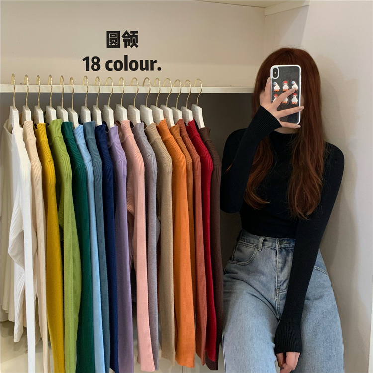 Korean style solid color basic half turtleneck bottoming shirt tight top women's long-sleeved sweater