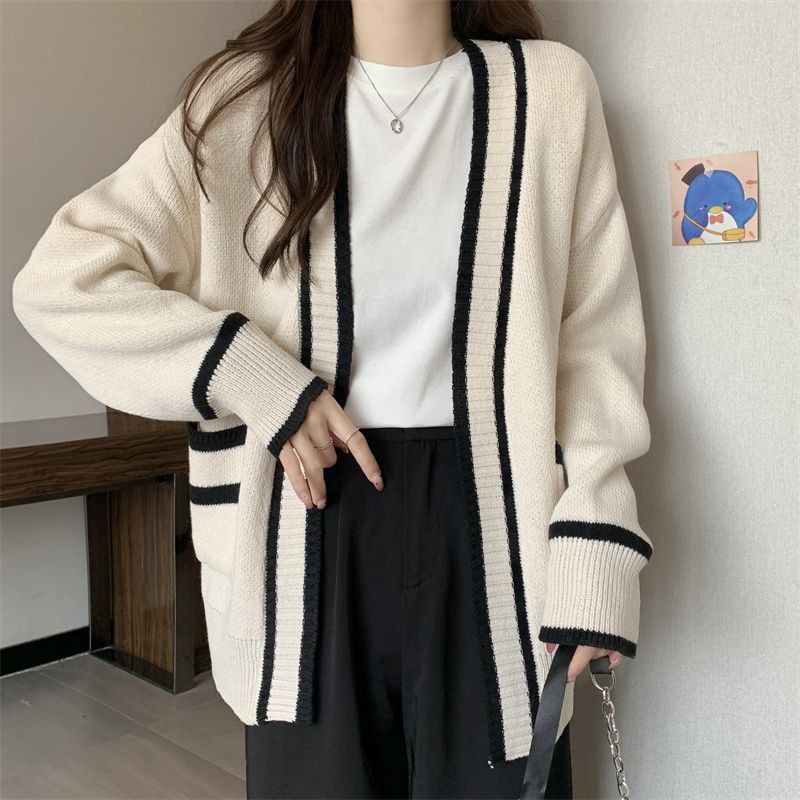 New autumn clothing Korean style loose mid-length pocket college style fashion sweater cardigan jacket for women