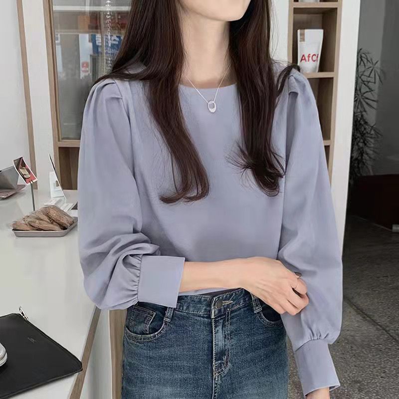 Autumn and winter new retro Korean style Chic loose and versatile round neck puff sleeve shirt women's style long-sleeved top