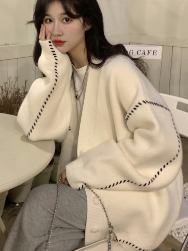 Lazy style sweater cardigan coat for women loose autumn and winter 2023 new design large size knitted top for outer wear
