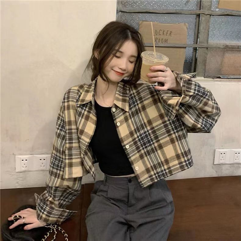 Korean style plaid shirt for women spring and summer new loose UV-resistant long-sleeved thin shirt versatile short jacket trendy