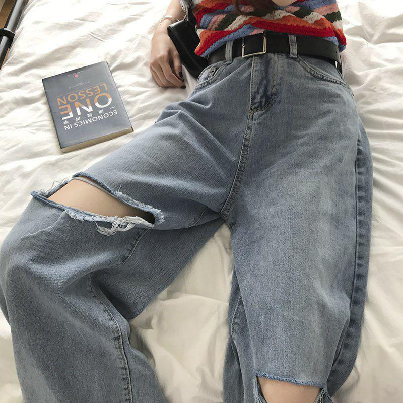 Knee hole jeans for women summer Korean style ins wide leg trousers loose slimming high waist student straight pants trendy