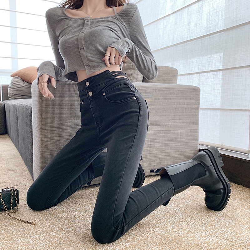 !  Korean style design high waist hollow slim chic stretch skinny jeans for women