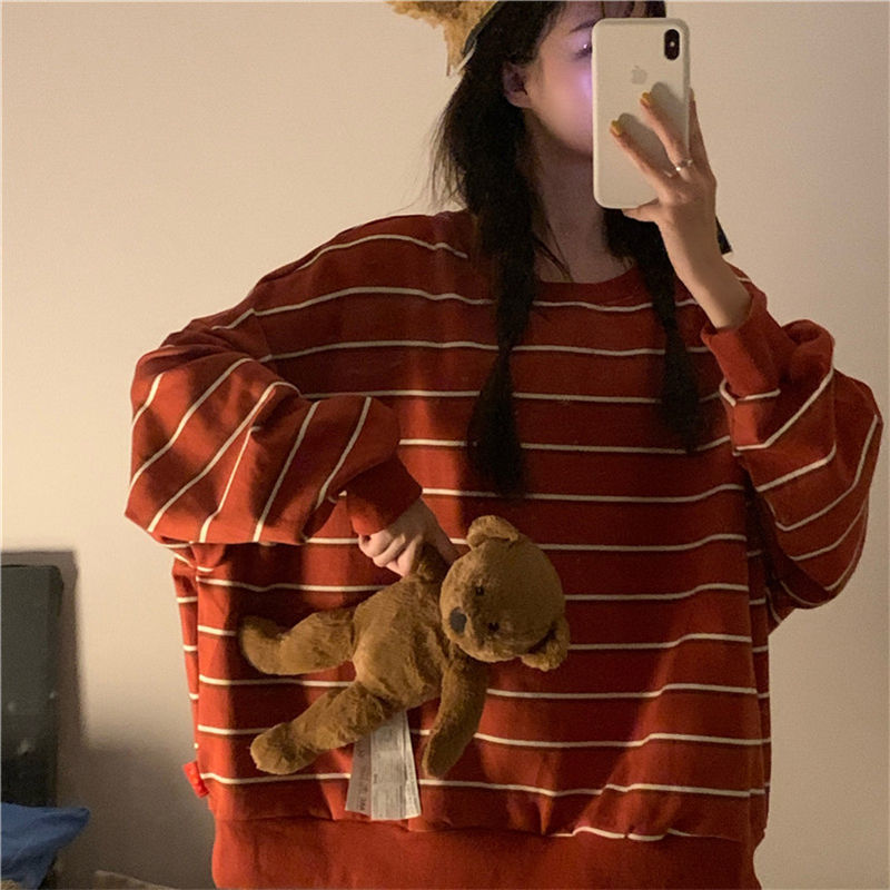 Vintage sweatshirt for women ins autumn mid-length student Korean style loose girlfriends outfit striped long-sleeved top