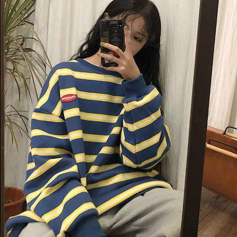 New trendy brand salt spring and autumn Korean version ins striped student round neck loose long-sleeved t-shirt women's top sweatshirt trendy