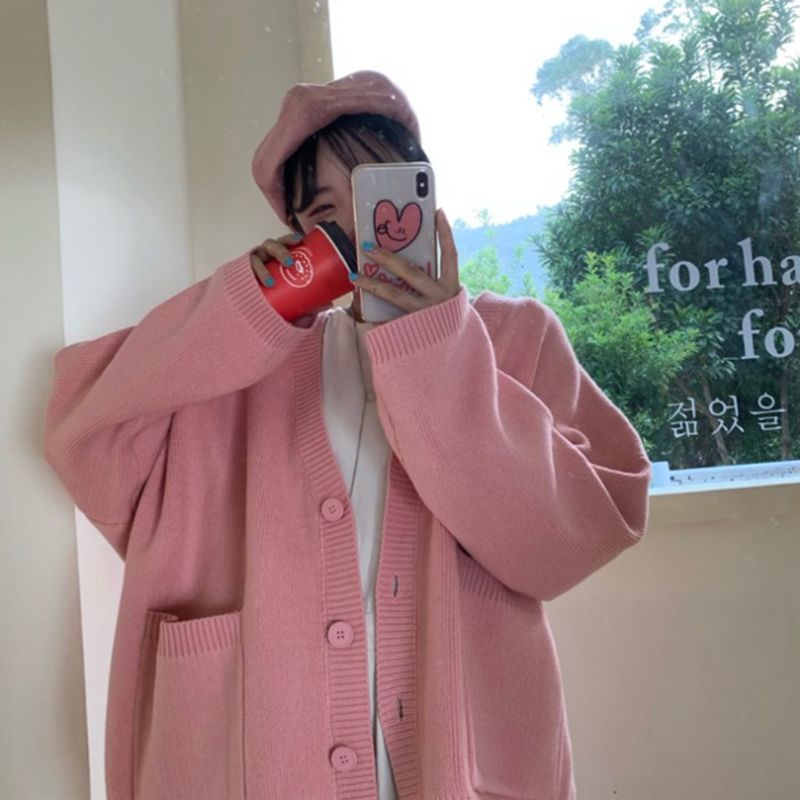 Autumn and winter new thickened lazy style sweater for female students Korean style loose and versatile knitted cardigan top jacket trendy