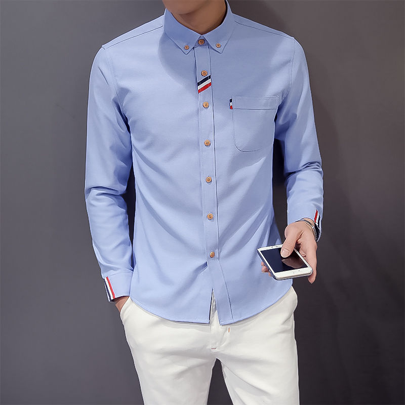 Spring and autumn oxford short-sleeved shirts for men, teenagers, handsome, slim-fitting, casual long-sleeved shirts for students, trendy clothes