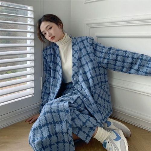 Woolen blazer women's retro thickened Korean style autumn and winter temperament mid-length blue plaid suit top trendy