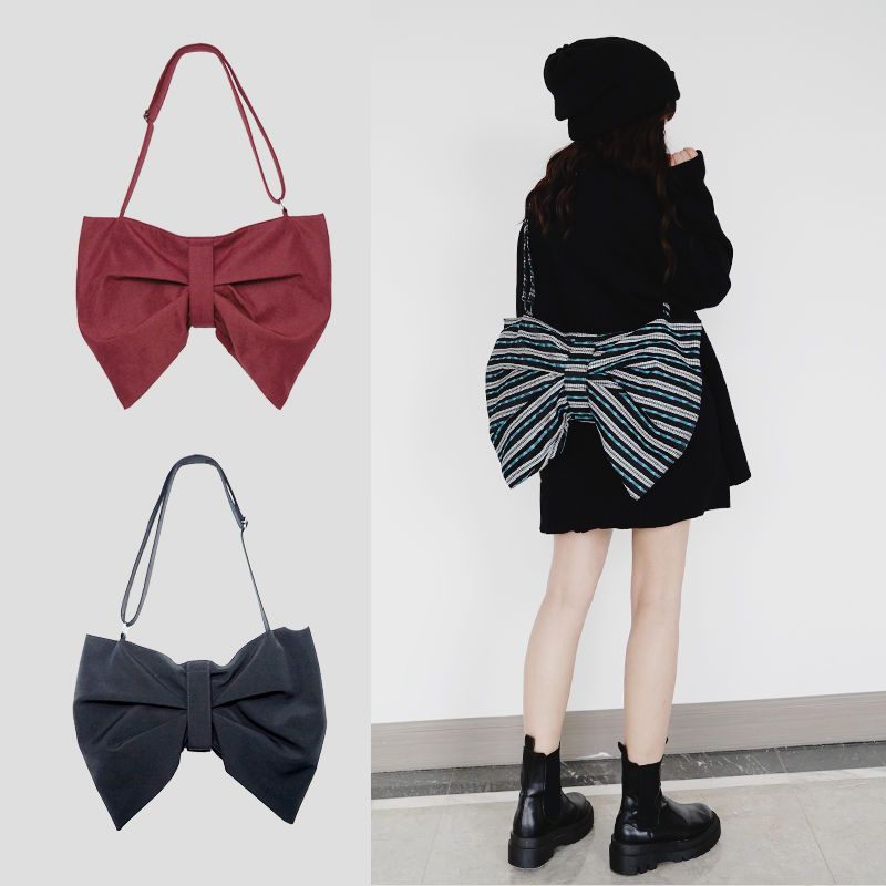 Canvas bag 2021 new style trendy bow female student Korean version Japanese small shoulder bag large capacity single shoulder crossbody bag