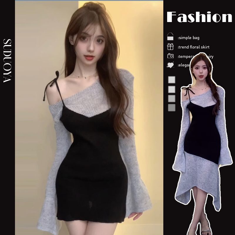 2023 new early autumn women's Hepburn one-shoulder sling drape early autumn long-sleeved figure-flattering dress