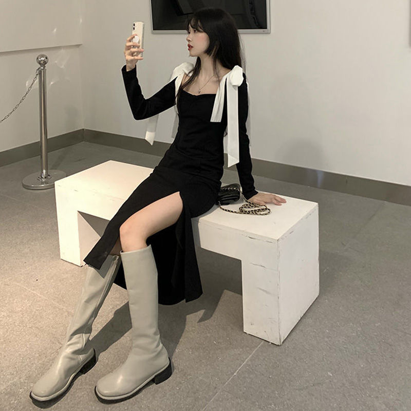 Hepburn off-the-shoulder dress autumn new large size versatile dress square neck long-sleeved slit slim lace-up dress