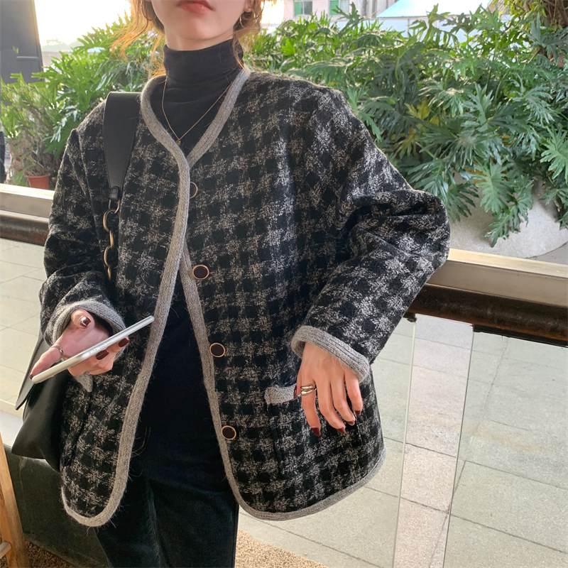 圓領百搭寬鬆小香粗花呢夾棉格子外套上衣女