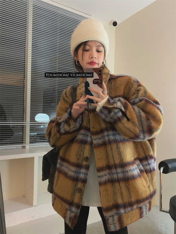 韓國廓形暗橘毛呢格子夾克西裝加厚夾棉外套女