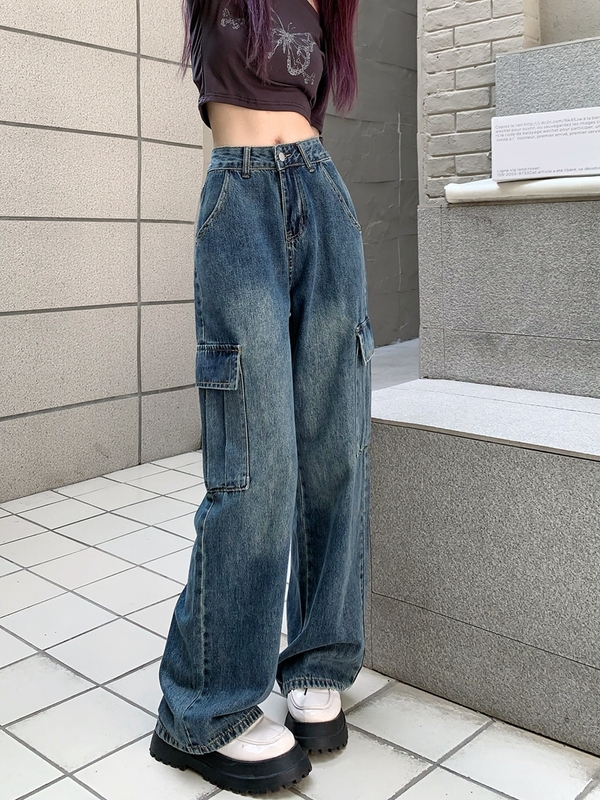 牛仔褲女新款復古百搭寬鬆闊腿直筒多口袋工裝褲潮
