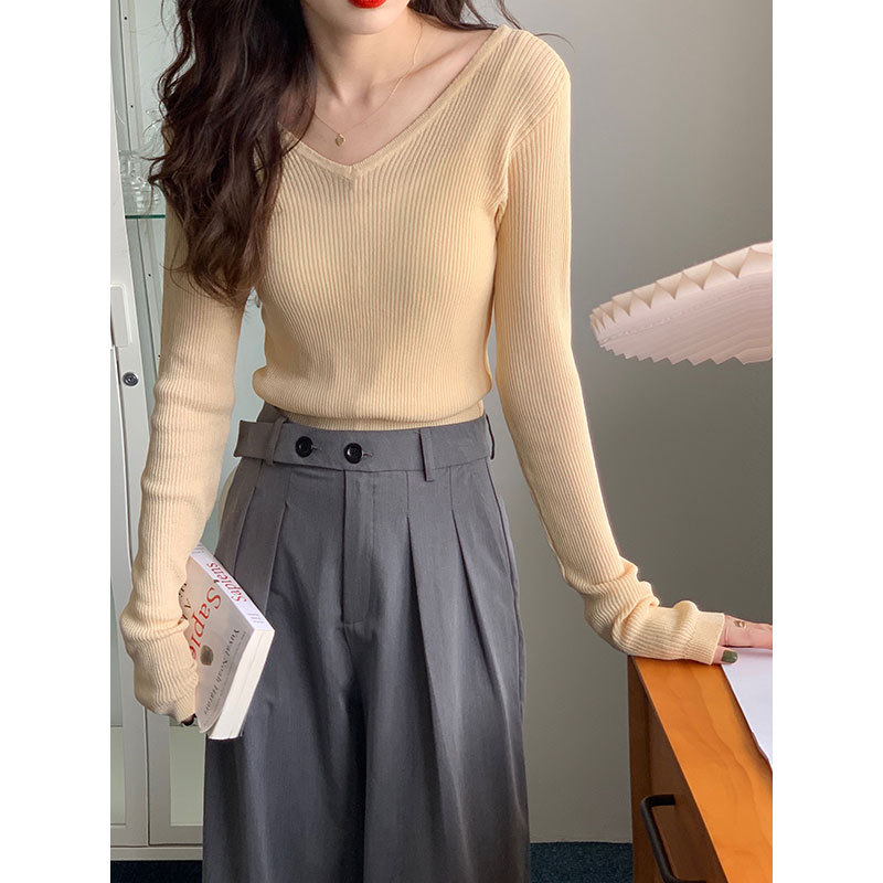 實拍V領坑條打底衫女秋冬季修身內搭修身長袖露鎖骨辣妹上衣T恤