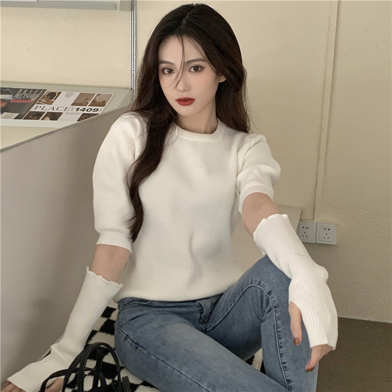 Real shot of design niche removable sleeve sweater women's new sweater short long-sleeved top