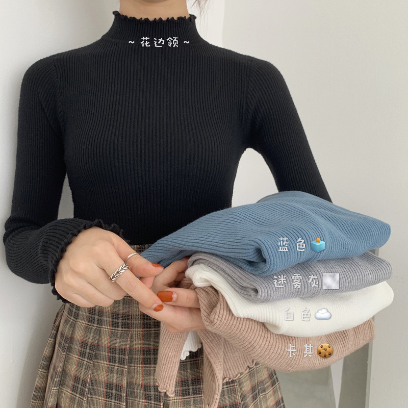 Actual shot of slim solid color lace half turtleneck long sleeve inner bottoming sweater top for women
