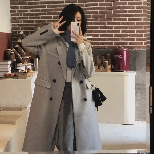 Real shot Autumn and winter thickened mid-length suit coat winter new gray woolen coat for women