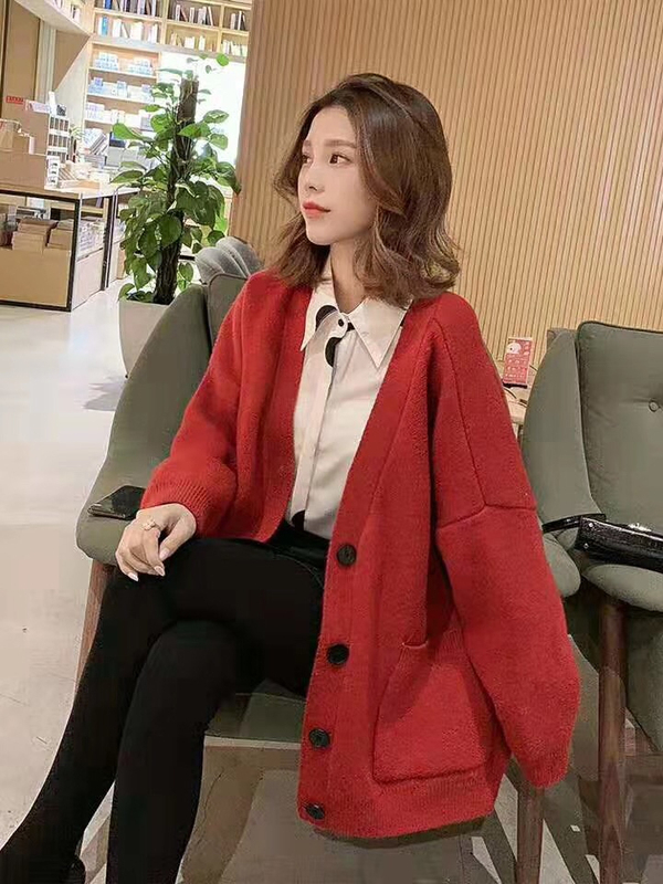 秋季新款~炒雞滿意的純色慵懶風大口袋毛衣開衫外套女寬鬆