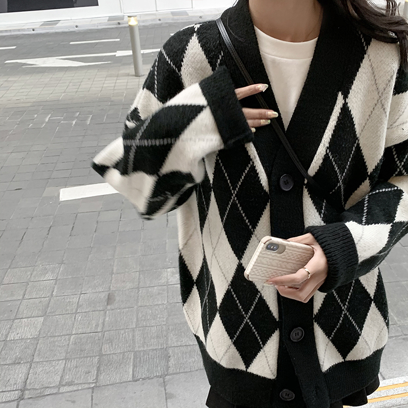 早春新款日系復古慵懶寬鬆菱形中長款加厚毛衣外穿開衫女外套