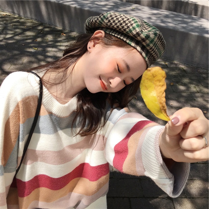 森系外穿毛衣女2023年新款韓版寬鬆學生外套慵懶風條紋針織衫