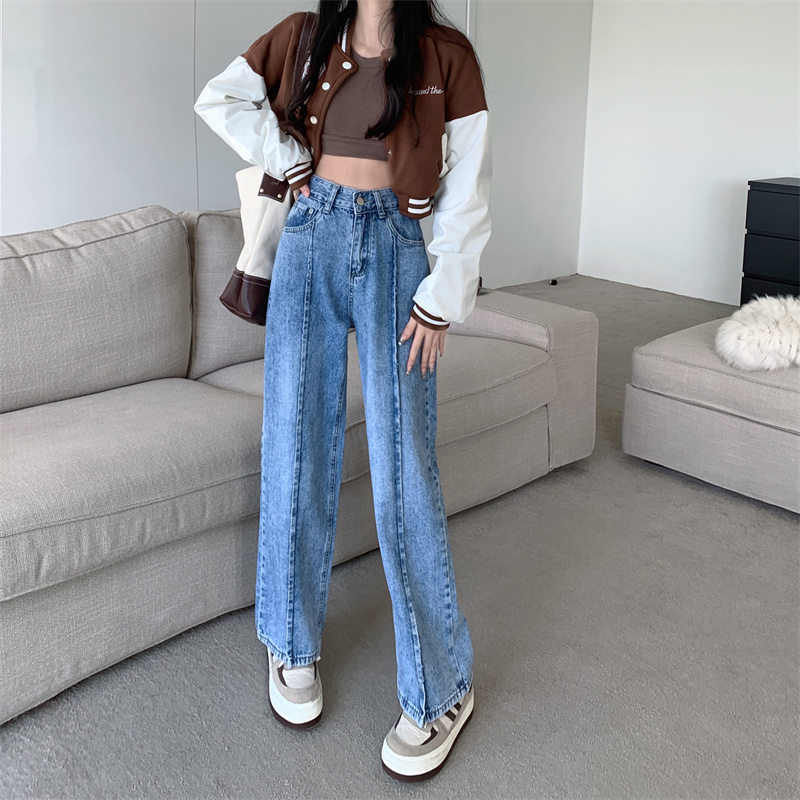 實拍高街直筒牛仔褲女夏季2023新款復古寬鬆高腰闊腿褲子春秋
