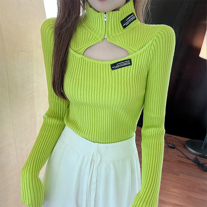 實拍 半高領鏤空打底針織衫修身套頭毛衣女