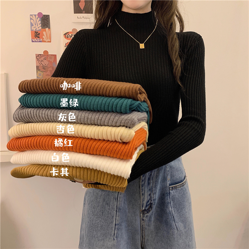 Actual shot of the new half-turtleneck sweater for women, slim long-sleeved and stylish inner knitted bottoming shirt