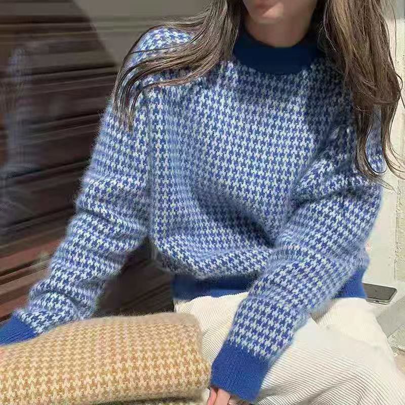 韓版百搭千鳥格浣熊絨毛衣女2023春裝新款圓領套頭氣質顯瘦上衣潮