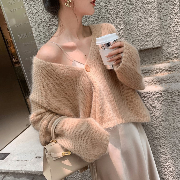 韓版馬海毛外搭開衫女薄款披肩外套女早秋寬鬆慵懶風V領毛針織衫
