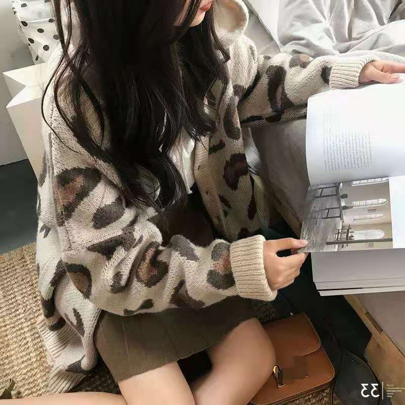 粉色豹紋毛衣女寬鬆外穿秋冬季中長款慵懶學院風毛線針織開衫外套