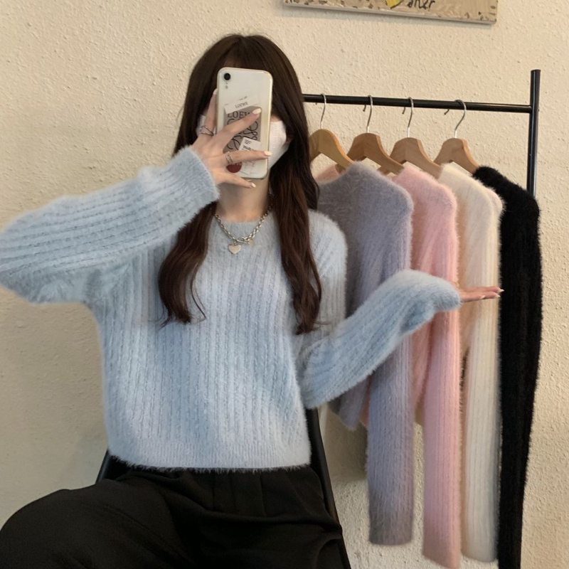 寬鬆早秋冬外穿2023新款毛衣女復古日系慵懶風馬海毛長袖短款上衣