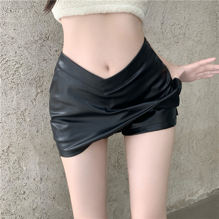 實拍～ 復古辣妹低露腰V設計單開叉內里短褲裙皮裙短裙