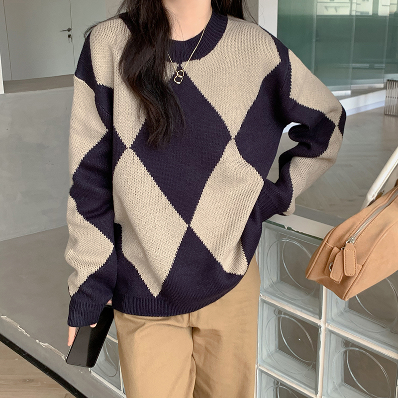 復古菱形格加厚毛衣女秋冬2023新款寬鬆圓領針織衫上衣ins潮
