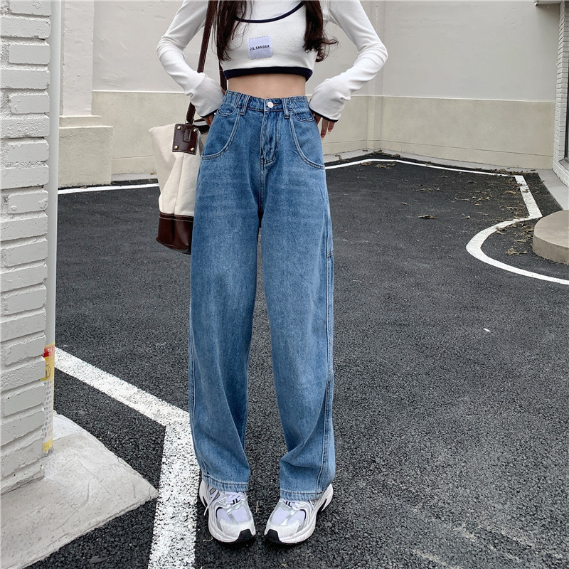 Real shot of blue wide-leg denim trousers for women in autumn 2023 new loose high-waisted casual straight-leg floor-length trousers