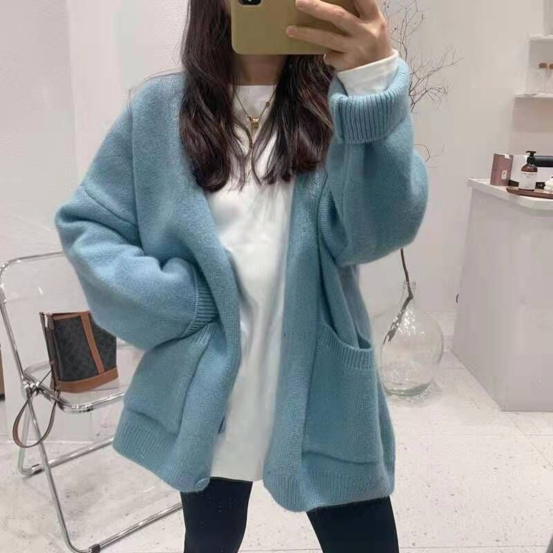 2023春款毛衣外套女開衫寬鬆慵懶韓版新款v領純色百搭外穿針織衫