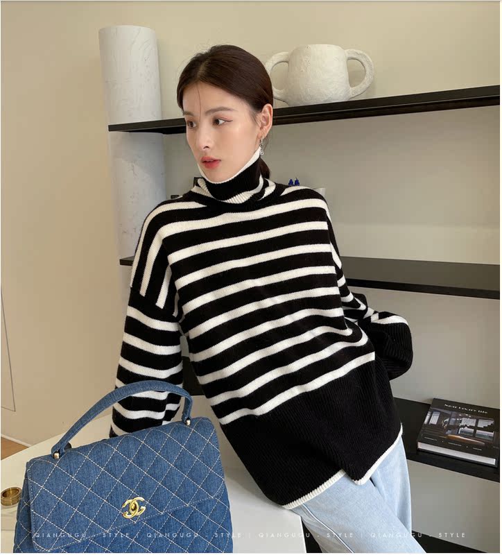 錢穀谷高領條紋針織衫女寬鬆慵懶套頭chic上衣氣質復古高級感毛衣