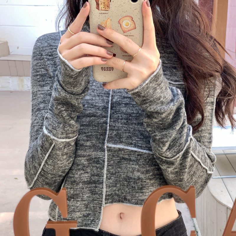 實拍復古港風2023秋季個性小眾上衣女拼接辣妹修身長袖打底衫