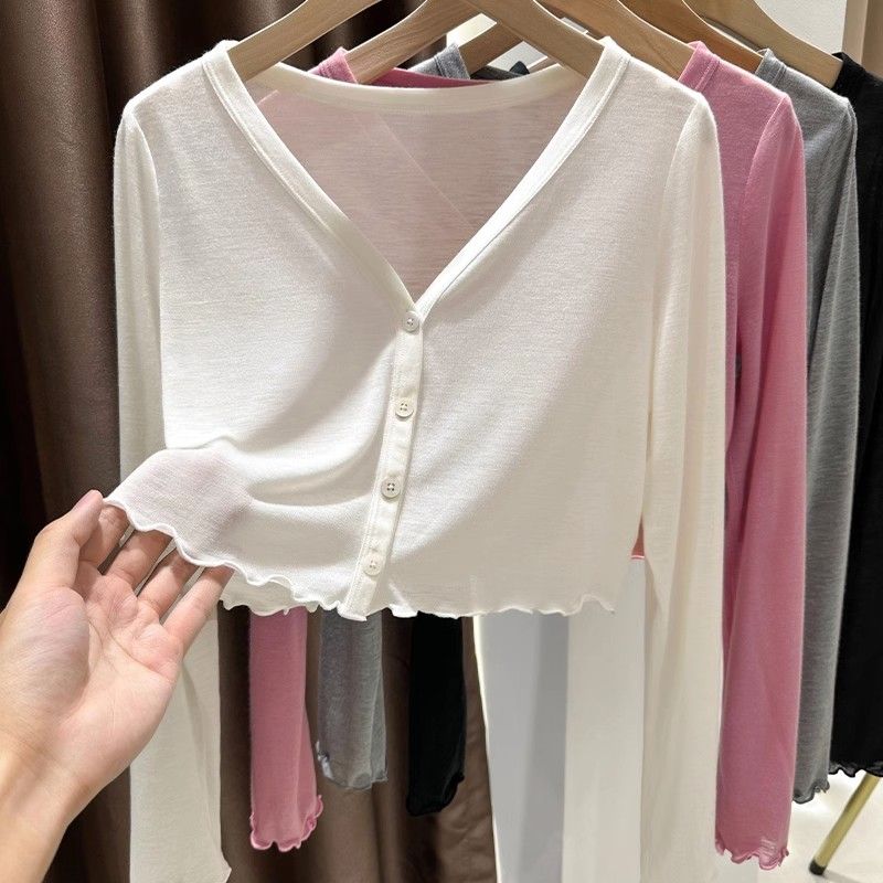 White ice silk sunscreen cardigan for women in summer with skirt and suspenders to wear with ultra-thin short shawl and small coat blouse