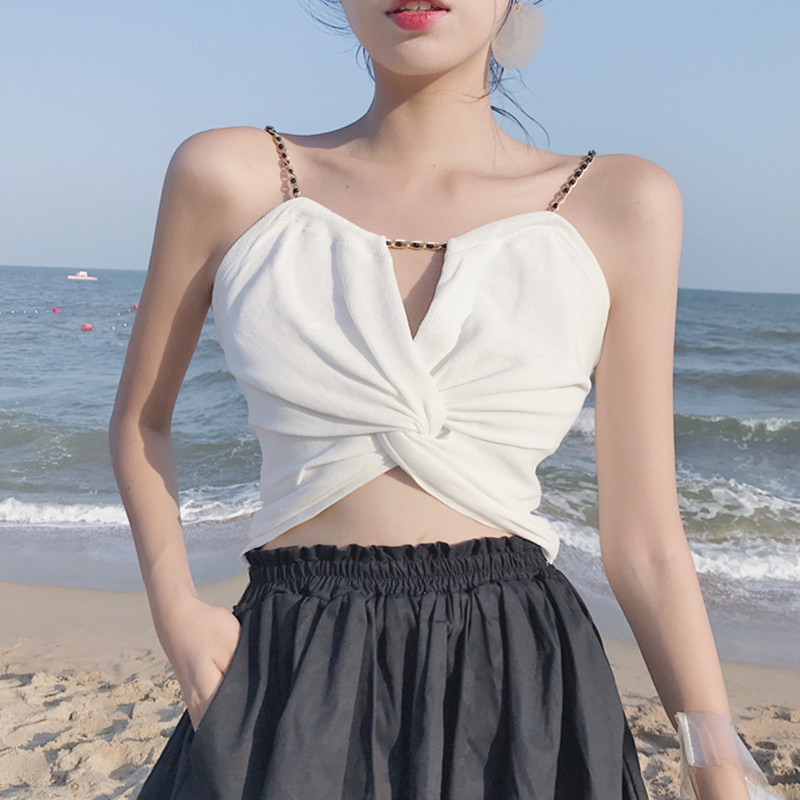 小背心女2023秋季新款女裝韓版扭結鏈條個性吊帶衫修身百搭露臍裝