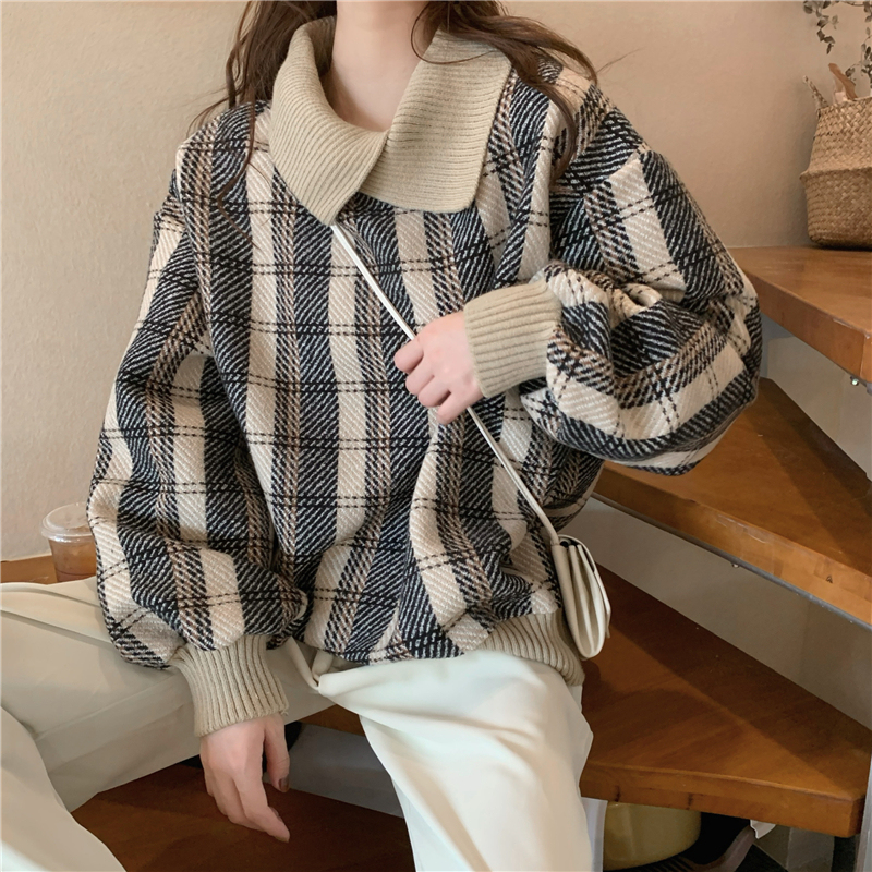 Real shot!  Korean style POLO collar plaid top for women, loose pullover, vintage feel, thickened woolen long-sleeved sweatshirt