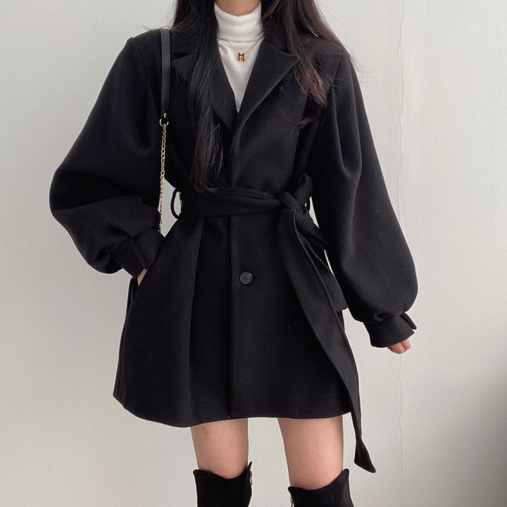 韓國chic 小個子短款毛呢外套黑色夾棉加厚